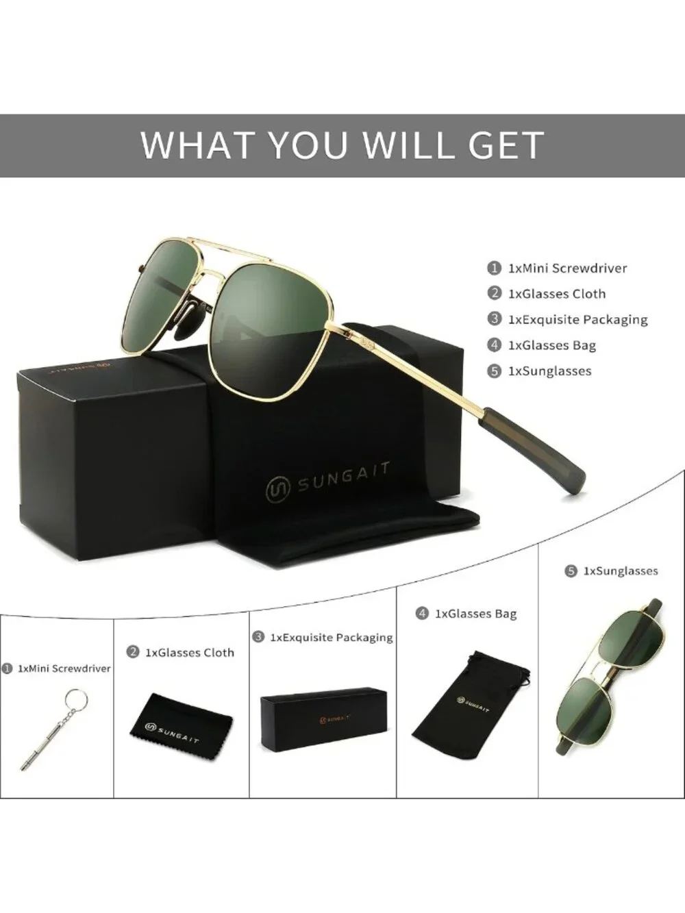 Men's Military Style Polarized Aviator Sunglasses with Bayonet Temples - UV
